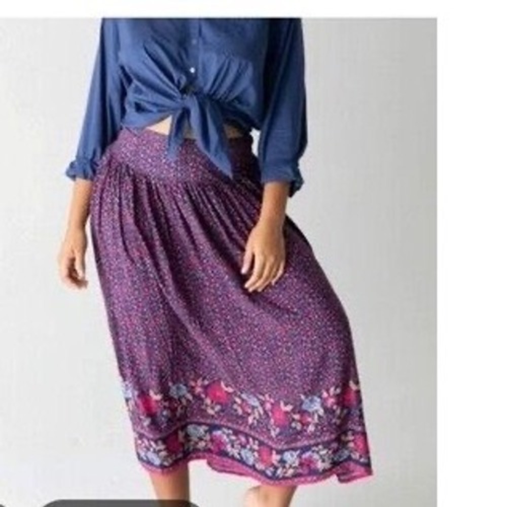 Natural Life Boho Navy Pink Floral Smocked Waist Rayon Midi Skirt Medium Prairie
